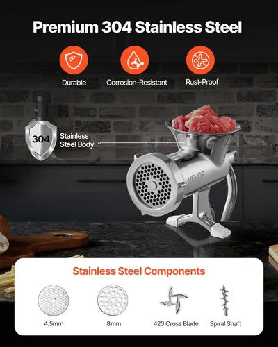 Miniatura 3 de VEVOR Molinillo de Carne Manual, Molinillo de Carne de Acero Inoxidable 304 con Abrazadera de Mesa de Acero, #12 Picadora de Carne para Salchichas