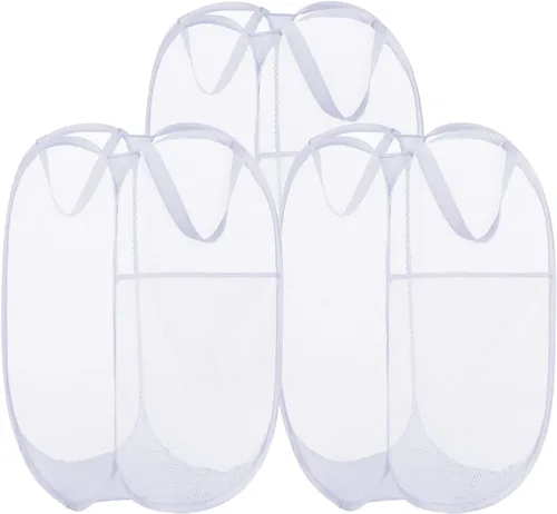 Miniatura 8 de BATTOO Cesta de lavandería desplegable de malla fuerte de lujo con bolsillo lateral para lavandería, baño, habitación de los niños, dormitorio Blanco