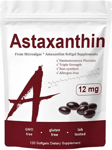 Zions Astaxantina orgánica de 12 mg, vitaminas para la piel de triple fuerza para mujeres con actividad antioxidante, apoya la salud inmunológica,