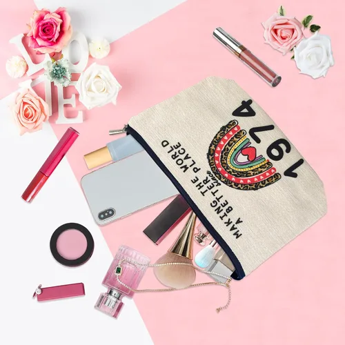 Miniatura 4 de Bolsas de maquillaje para cumpleaños número 50 para mujer, lavado de doble cara, impermeable, de lino, bolsa de viaje para cosméticos, bolsa