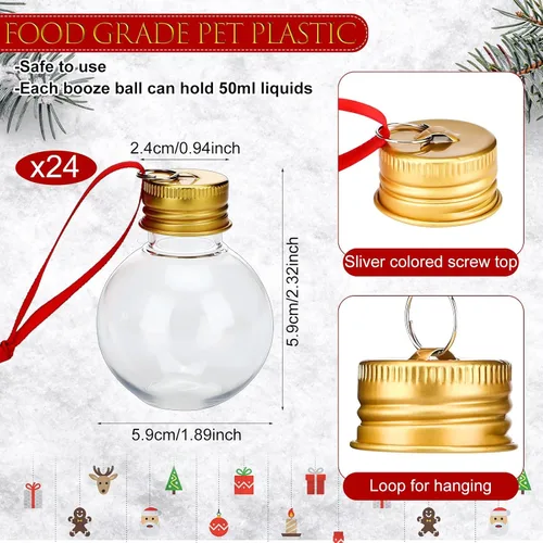 Miniatura 2 de Sosation 24 bolas de bebida de Navidad rellenables con cintas rojas y calcomanías de plástico transparente colgante para árbol de Navidad, bola