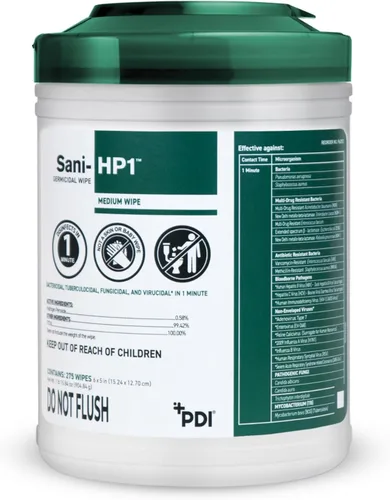 Sani-HP1 Toallitas desinfectantes de peróxido de hidrógeno, recipiente de 275 unidades, toallitas de 6 x 5 pulgadas, tiempo de contacto de 1 minuto,