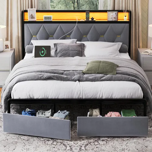 Ailisite Marco de cama plataforma tamaño Queen con cabecero y cajones de almacenamiento, marco de cama plataforma tapizado gris con puerto de carga