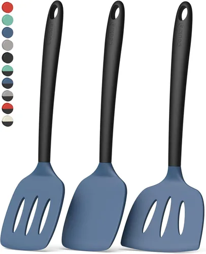 Miniatura 7 de Coukre Juego de 3 espátulas de silicona, resistentes al calor, sin BPA, espátula de pescado, espátula sólida y ranurada para sartenes negro puro