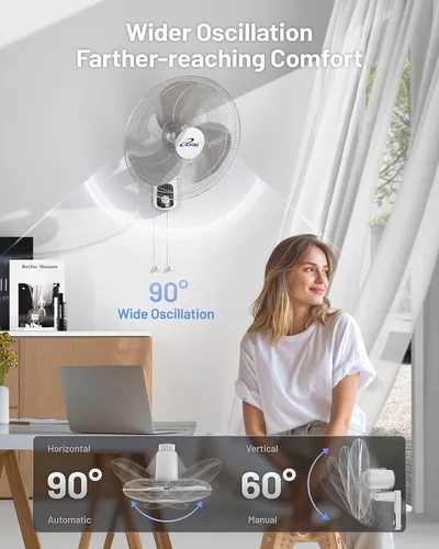 Miniatura 3 de iLiving Ventilador oscilante de montaje en pared con inclinación ajustable, 18 pulgadas, 3 velocidades, rejilla y hoja de metal, oscilación de 90