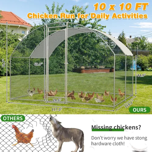 Miniatura 7 de VINGLI Gallinero grande de metal, espaciosa jaula para aves de corral con cubierta impermeable y anti-UV, corral para pollo al aire libre