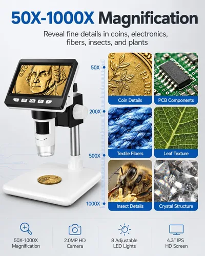 Miniatura 3 de Microscopio de monedas de 4.3 pulgadas, microscopio digital AOPICK LCD 1000X, lupa de monedas USB 1080P para monedas de error con 8 luces LED Blanco