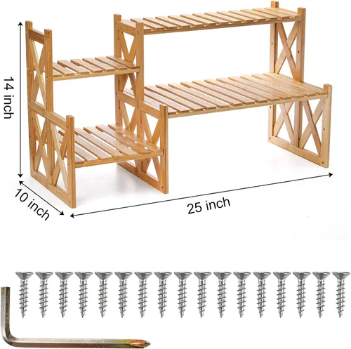 Miniatura 2 de Lawei Soporte de bambú de 2 niveles para plantas de mesa, soporte ajustable para macetas, soporte de exhibición para macetas, estante pequeño