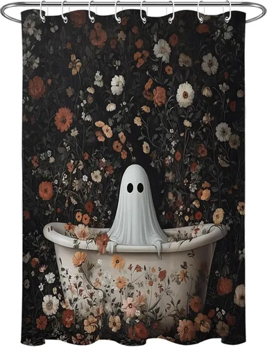 Miniatura 6 de LB Cortina de ducha pequeña de fantasma de Halloween de 48 x 68 pulgadas, forro de cortina de ducha de tamaño medio floral naranja, divertidas
