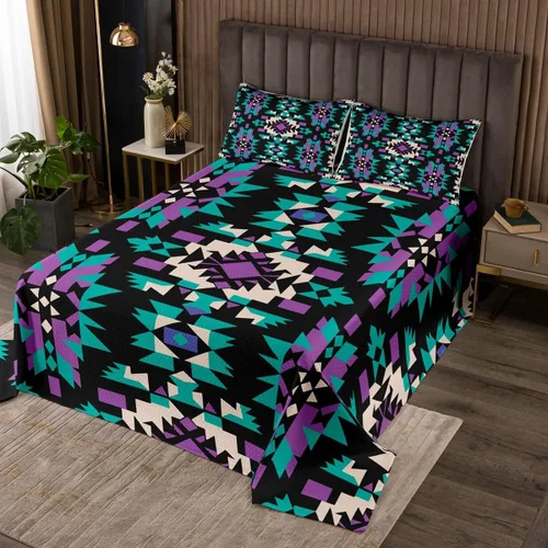 Miniatura 28 de Erosebridal Juego de colcha étnica tribal con flechas geométricas aztecas, acolchado occidental, tribu africana, exótico, atrapasueños, plumas