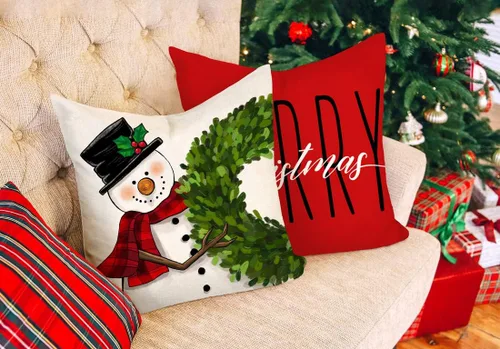 Miniatura 3 de 4TH Emotion Fundas de Almohada Rojas de Navidad 16x16 pulgadas Juego de 4 Decoraciones Estilo Granja Muñeco de Nieve Corona Santa Claus Árbol Feliz