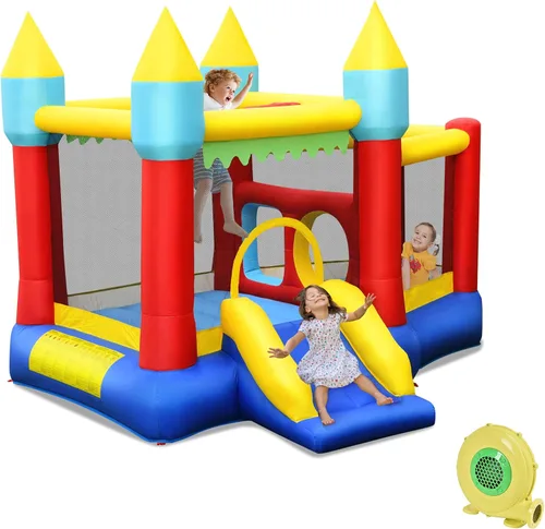 Miniatura 15 de HONEY JOY Casa inflable de rebotes, luna inflable para niños con tobogán, área gigante de saltos, fosa de pelotas oceánicas, aro de baloncesto