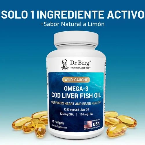 Miniatura 5 de Dr. Berg Aceite de hígado de bacalao Omega-3 de máxima potencia (1250 mg) de bacalao capturado en la naturaleza - Aceite de pescado Omega-3