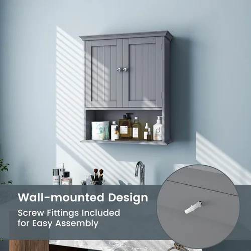 Miniatura 6 de Tangkula Armario de pared de baño, armario colgante de madera con puertas y estantes, gabinete de almacenamiento multiusos para aseo, cocina, sala