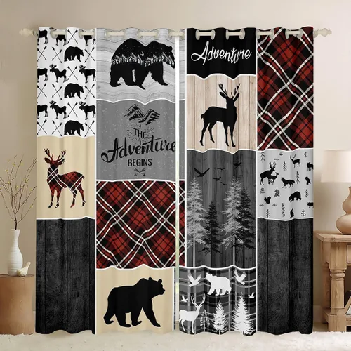 Miniatura 15 de Cortinas rústicas retro de cabaña, cortinas opacas de oso ciervo, 38 pulgadas de ancho x 45 pulgadas de largo, 2 paneles, cortinas de caza