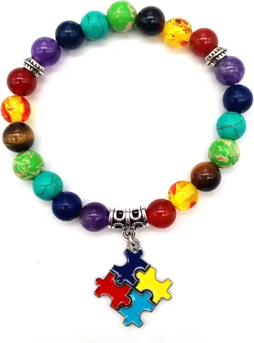 Miniatura 3 de Pulsera con cuentas de piedra natural de 7 chakras para concientización sobre el autismo, corazón y cinta cruzada, rompecabezas redondo, cordón
