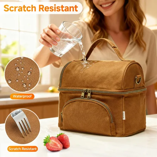 Miniatura 5 de Waxed Canvas Lunch Bag with 2 XL Ice Packs, Canvas Lunch Box, Lunch Cooler for Men Work, 10.5L 2 Compartments Insulated Leakproof Cooler Bags for