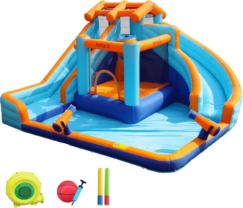 Miniatura 2 de AirMyFun Tobogán acuático inflable para patio trasero de niños, Mega parque acuático 9 en 1 con toboganes de carreras duales, pista deslizante larga
