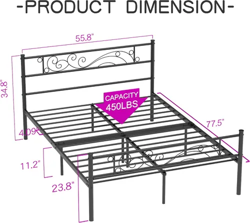Miniatura 2 de Weehom Base de cama de metal con cabecero y estribo, no necesita somier, plataforma completa, color negro