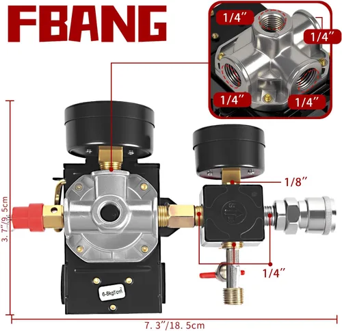 Miniatura 5 de Válvula de control del interruptor de presión del compresor de aire, regulador de presión 90-120PSI con conjunto de accesorios de manómetros