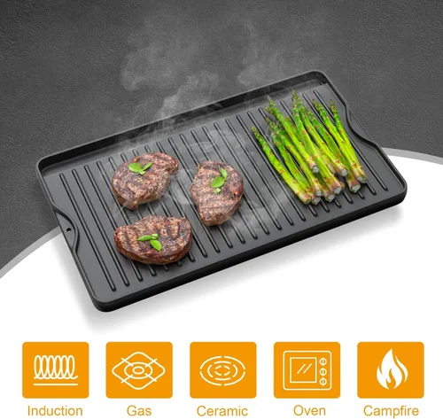 Miniatura 5 de AJinTeby Plancha de cocina de hierro fundido pre-sazonada reversible 2 en 1 de 16 x 24 pulgadas para estufa de gas, carbón, electricidad, propano