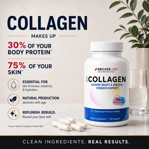 Miniatura 6 de Bricker Labs Colágeno para hombres y mujeres - Suplemento de colágeno hidrolizado tipo I, III, 750 mg, 1 cápsula de colágeno diaria - 120 porciones