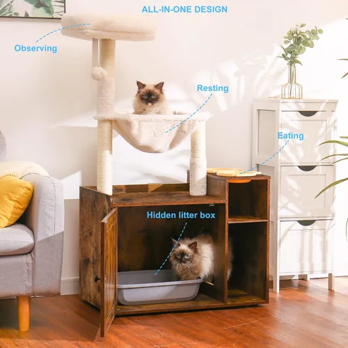 Miniatura 2 de Hey-brother Árbol para gatos con recinto de caja de arena XL, torre para gatos todo en uno para gatos de interior con hamaca grande, cama, estación