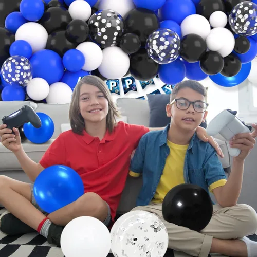 Miniatura 6 de Guirnalda de arco de globos azul real, negro, plateado y blanco, globos de confeti plateado metálico azul, negro, blanco, globo de videojuegos