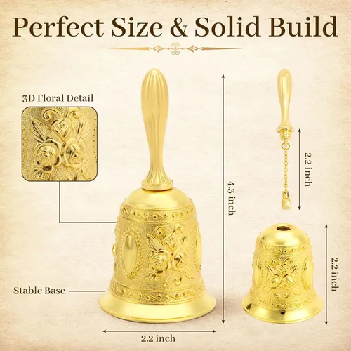 Miniatura 5 de DomeStar Campana de Mano Dorada, Grabada para Boda, Escuela, Navidad, Alarma y Campana para Acostados Dorado