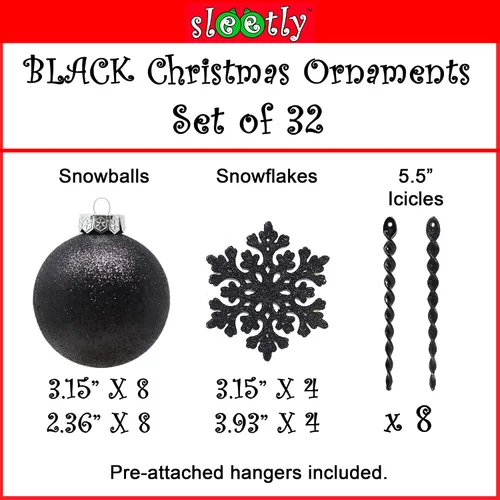 Miniatura 2 de Adornos de Navidad Negros – Decoraciones de Árbol de Vacaciones de Plástico Irrompible de 32 Piezas, 16 Bolas de Nieve con Purpurina (3.15"/2.36")