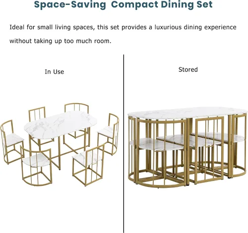 Miniatura 4 de Quarte Moderno juego de mesa de comedor de 7 piezas con mármol sintético, juego de mesa de cocina de metal compacto, diseño de silla triangular