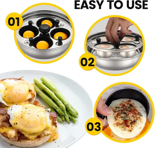Miniatura 4 de MARSKITOP Sartén antiadherente para 4 huevos, olla para huevos escalfados de acero inoxidable, sartén escalfada sin PFOA, máquina de huevos