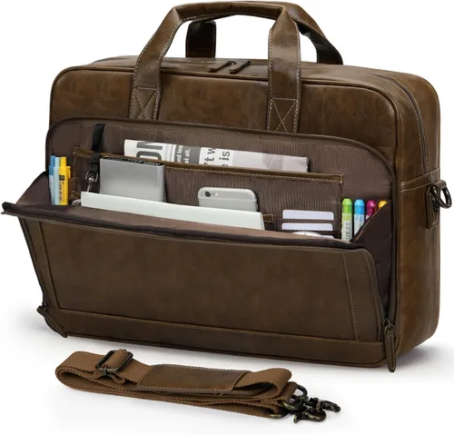 Miniatura 11 de RAINSMORE Bolsa de cuero para hombre de 16 pulgadas, bolso de mensajero vintage para hombre, bolso cruzado grande para el hombro, oficina, Madera