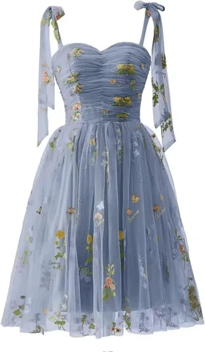 Miniatura 11 de Fivsole Vestido corto con bordado de flores para adolescentes, vestido de tul con tirantes delgados, mini formal, cóctel, fiesta de noche, vestidos