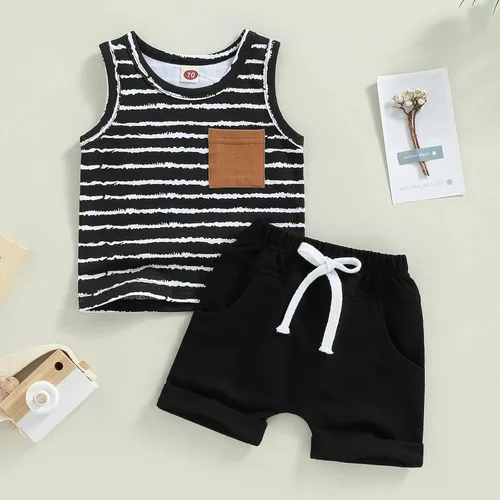 Miniatura 2 de Conjunto de ropa de 2 piezas con bolsillo a rayas y cordón enrollado para bebé niño