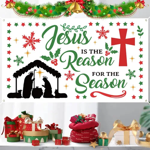 Miniatura 6 de WATINC Cartel de fondo de Navidad con texto en inglés «Jesús es la razón de la temporada», cruz de natividad, Navidad, vacaciones de invierno