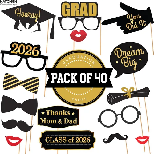 Miniatura 3 de KatchOn, Accesorios para cabina de fotos de graduación – Paquete de 40 Accesorios de fotos de graduación negro y dorado, decoraciones
