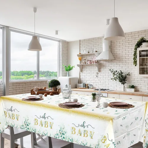 Miniatura 7 de Tiamon Mantel de 3 piezas de verde salvia para baby shower, 108 x 54 pulgadas, desechable, hojas de eucalipto, mantel rectangular de plástico verde
