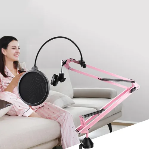 Miniatura 6 de Brazo de brazo de micrófono rosa, soporte de micrófono de tijera de suspensión resistente con soporte de choque y filtro pop, abrazadera