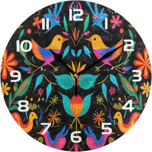 Reloj de pared con patrón de flores mexicanas, silencioso sin tictac de 10 pulgadas, funciona con pilas, reloj fácil de leer para decoración del