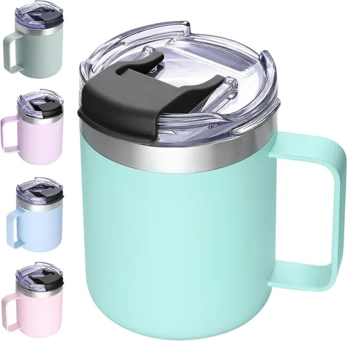 Miniatura 23 de Taza de café aislada de 12 onzas con asa, taza de café de viaje de acero inoxidable con tapa abatible, vaso de café de doble pared con aislamiento