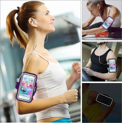 Miniatura 5 de Soporte para teléfono con brazo para correr, brazalete celular para iPhone 15 14 13 12 11 Pro Max/XR/8 7 6s Plus, Galaxy A/S/Note hasta 6.9 Púrpura