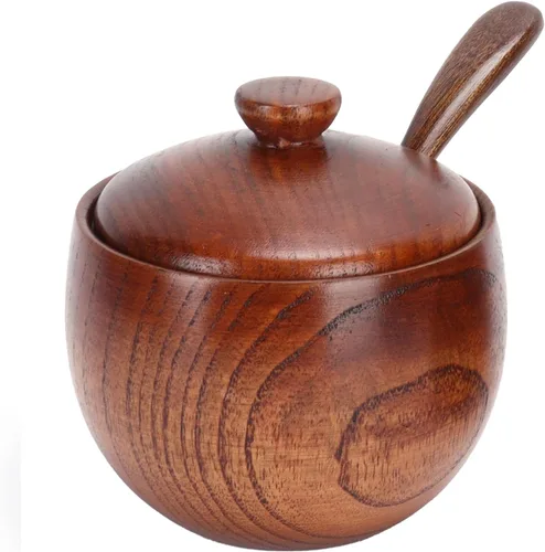Miniatura 6 de Paquete de 2 tarros de condimentos japoneses, tarros de especias de madera maciza con tapa y cuchara, contenedor de madera de azufaifo, madera