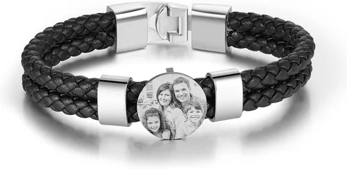 Miniatura 7 de Pulsera de cuero personalizada para hombre, grabada con nombre, imagen, foto, cuerda trenzada para papá, marido, abuelo, novio