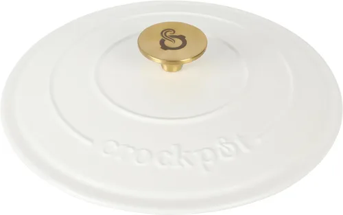 Miniatura 5 de Crock-Pot Artisan - Horno holandés redondo de 7 cuartos de galón, lino blanco mate con perilla dorada, utensilios de cocina de hierro fundido Blanco