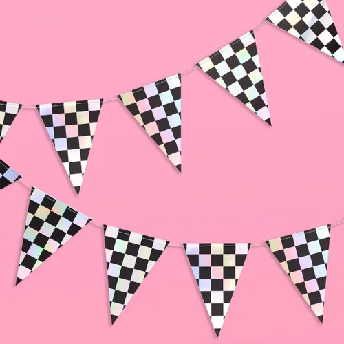 xo, Fetti Bandera de decoración de fiesta a cuadros negros e iridiscentes, juego de 4, 32 pies | Guirnalda de discoteca para despedida de soltera,