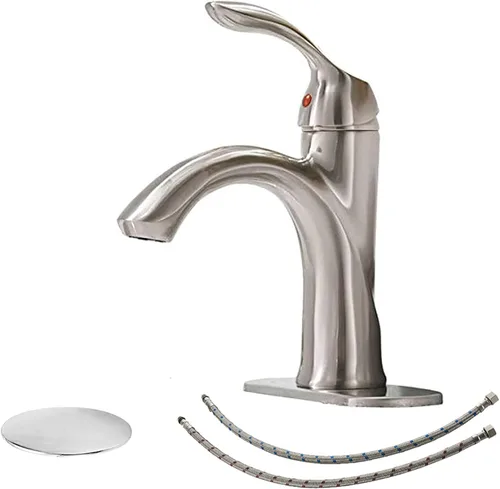 BWE Grifo de baño, grifo de fregadero de níquel cepillado con 1 orificio con drenaje desplegable y líneas de suministro para uso doméstico o