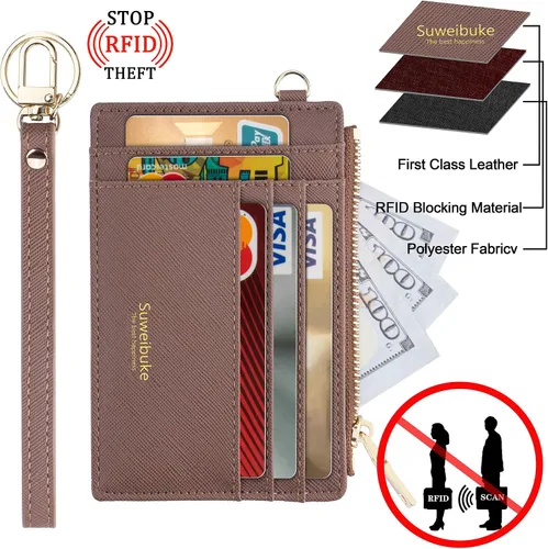 Miniatura 4 de Wikavanli Funda delgada para tarjetas de crédito con bloqueo Rfid para mujer, cartera con cremallera, cartera pequeña y compacta de cuero