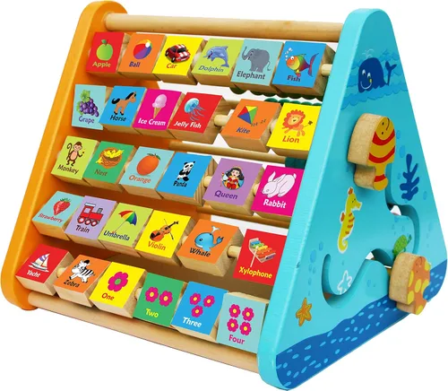 Towo - Centro de actividades de madera, juguetes en forma de triángulo - bloques de alfabeto al revés, ábaco, reloj - cubo de actividades para niños