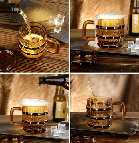 Miniatura 5 de Vaso de madera en forma de barril de vidrio taza de cerveza con forma de barril de vidrio con tapa